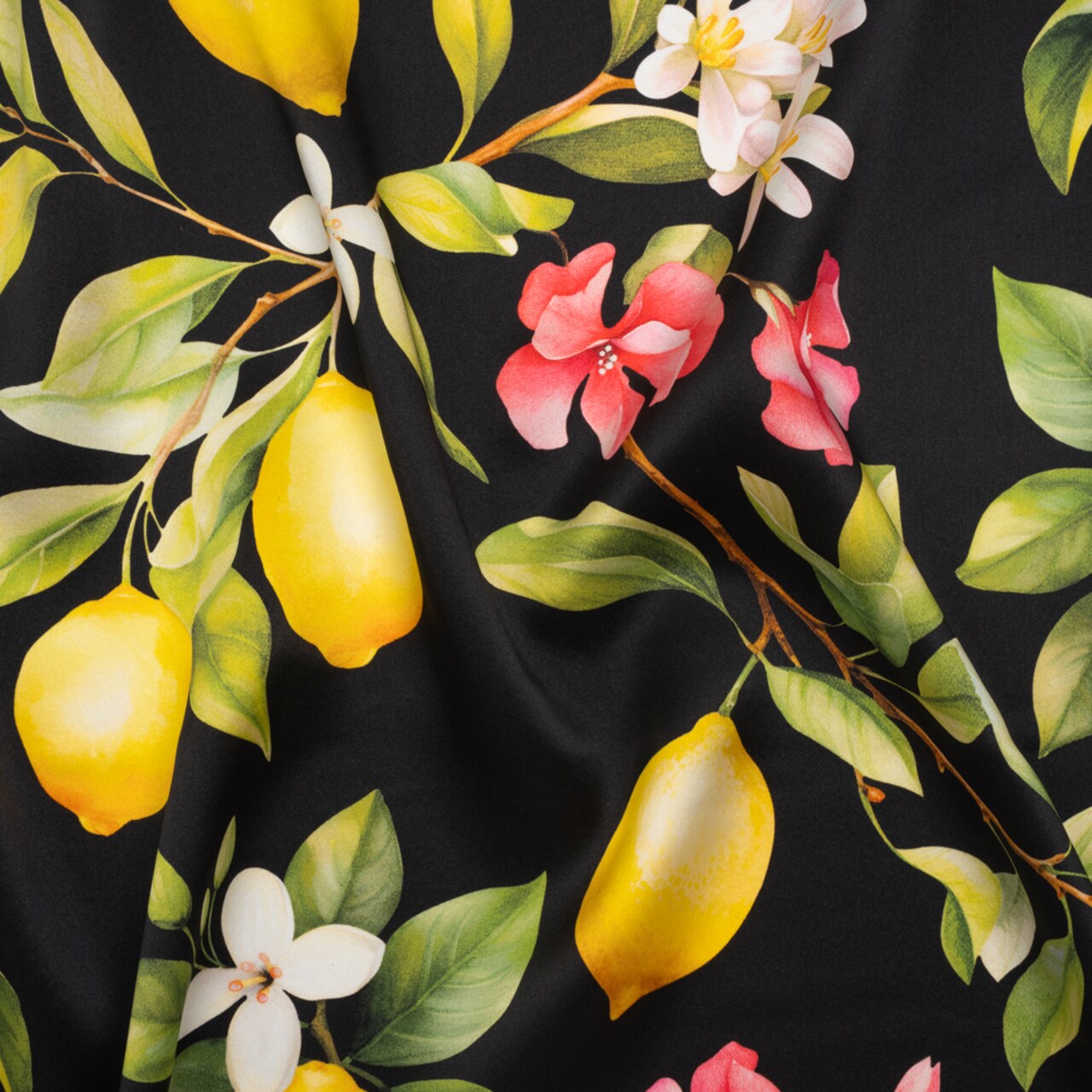 1 Yard Silk Charmeuse Print Black, Green & Yellow Lemon Tree 53" Wide Luxury Fabric for Dresses & Skirts